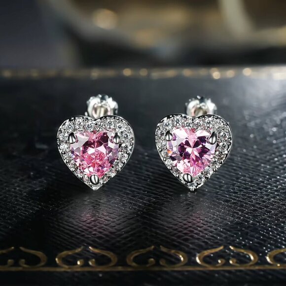 NEW 14k White Gold Pink Sapphire Diamond Earrings Heart Stud Earrings - Picture 3 of 6